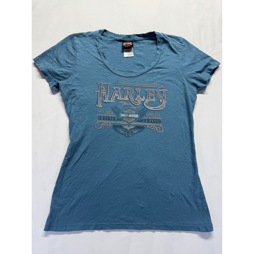 Harley Davidson Womens Graphic Tee Blue L Tshirt USA Made Classic Script